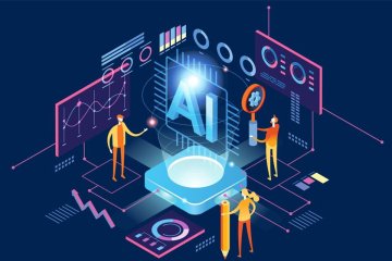 graphic design showing people inside a computer representing AI