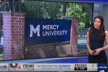 News 12 anchor with Mercy University sign in the background