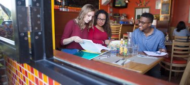 Students eating in a restaurant
